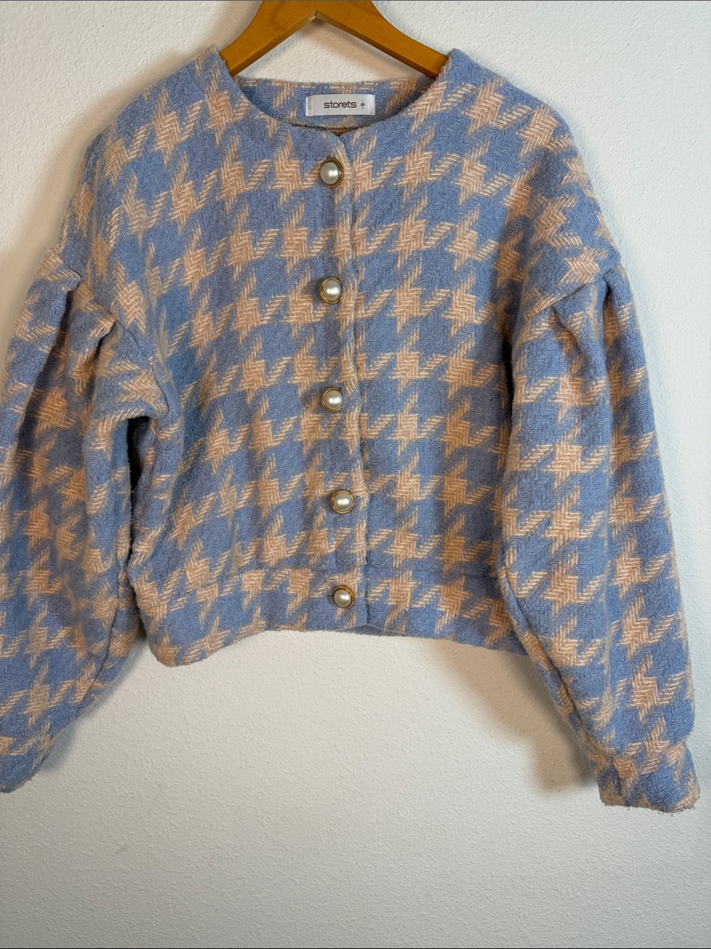 Storets Blue & Beige Houndstooth Pearl Button Cropped Cardigan Puff Sleeve Small - Picture 2 of 7